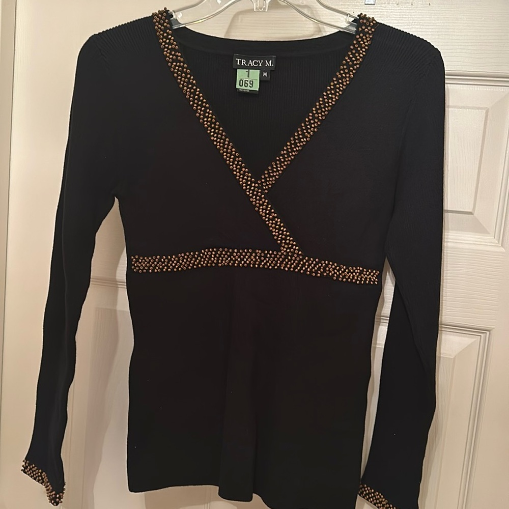 Tracy M Beaded Black V neck sweater